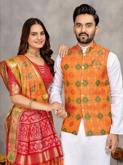 Orange Couple Combo Set Mens Cotton Kurta with Jacquard Silk Koti Womens Jacquard Silk Saree